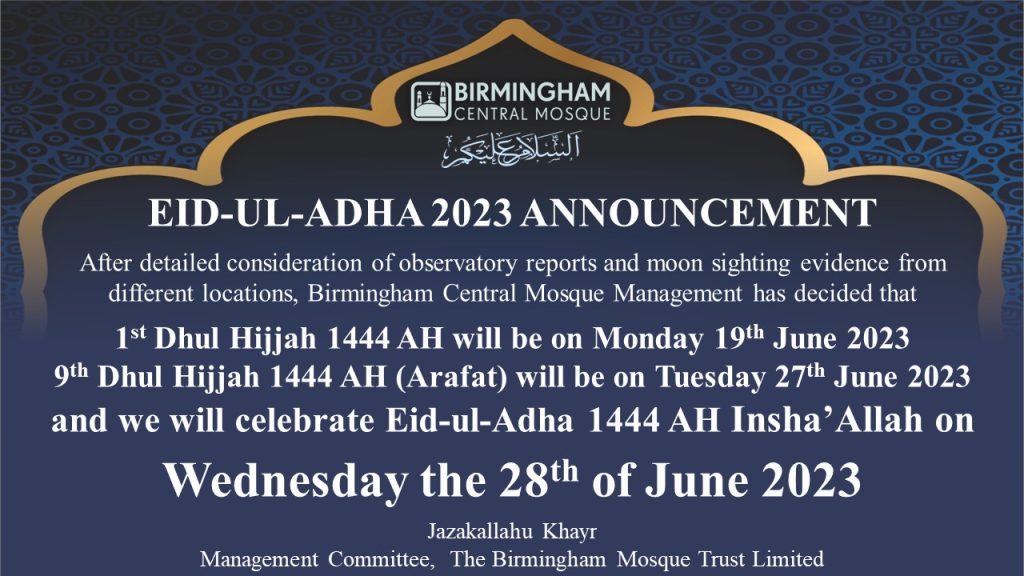 EID-UL-ADHA ANNOUNCEMENT - Birmingham Central Mosque